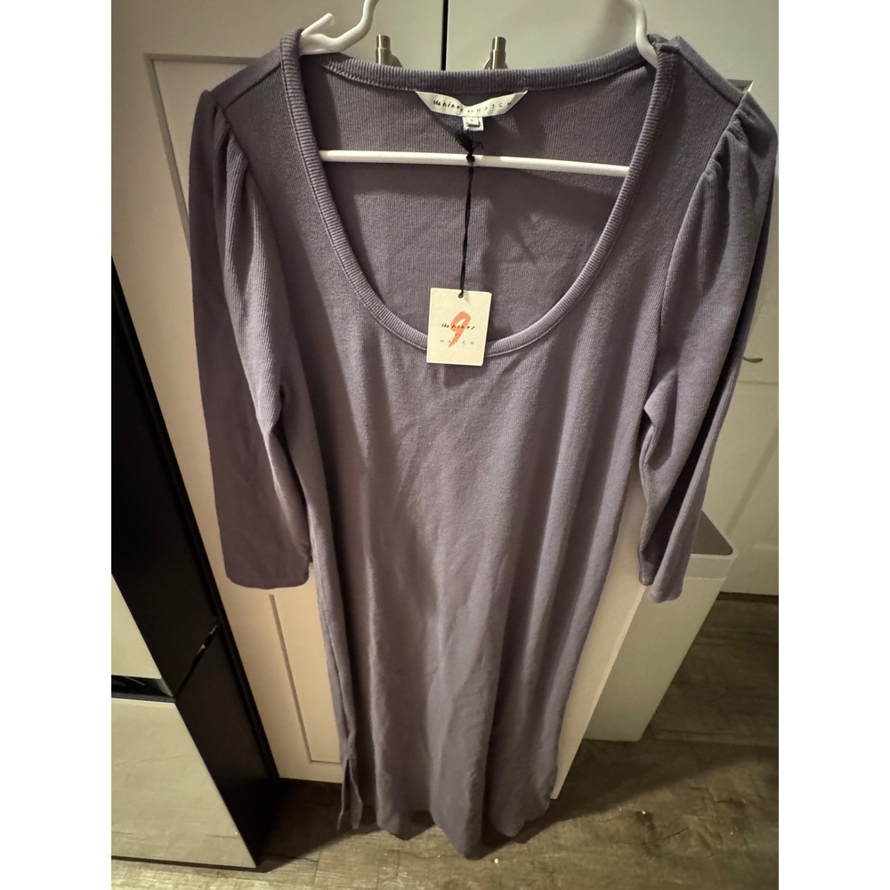The Nines by Hatch Maternity Ribbed Midi Dress Lavender Purple Puff Sleeve L NEW